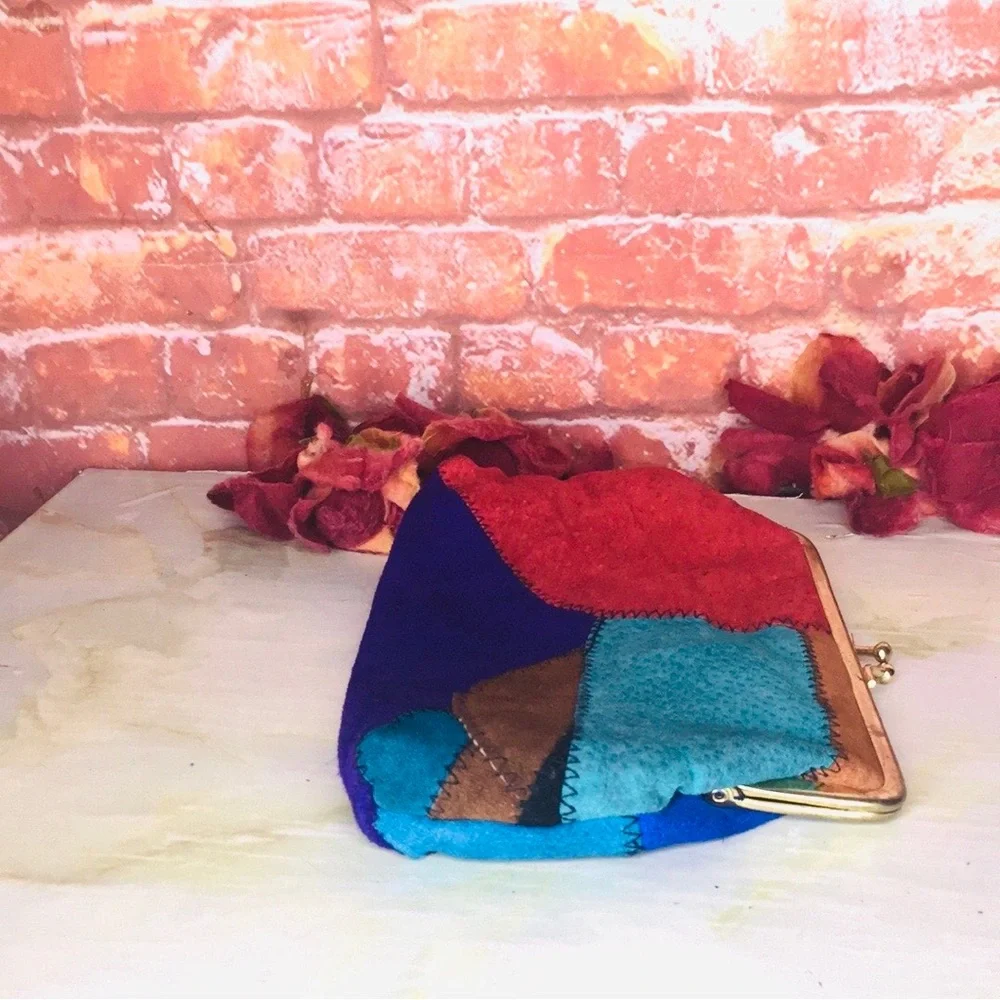 Vintage 70s Colorful Patchwork Kiss-lock Suede Clutch